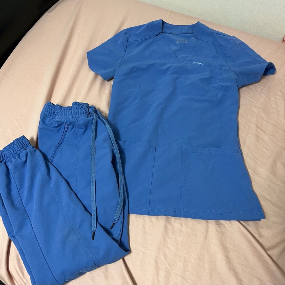 JAANUU Ceil Blue Women’s Top & PETITE Jogger Bottom Scrub Set